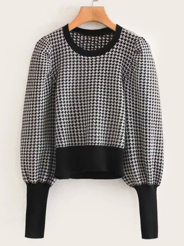 

Houndstooth Bishop Sleeve Contrast Trim Sweater, Black and white
