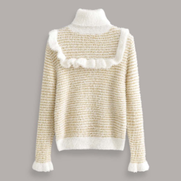 

Ruffle Trim Turtleneck Fluffy Knit Sweater, Yellow pastel