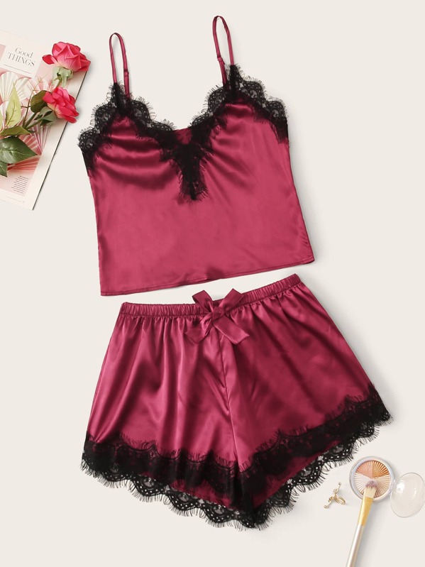 

Lace Trim Satin PJ Set, Burgundy