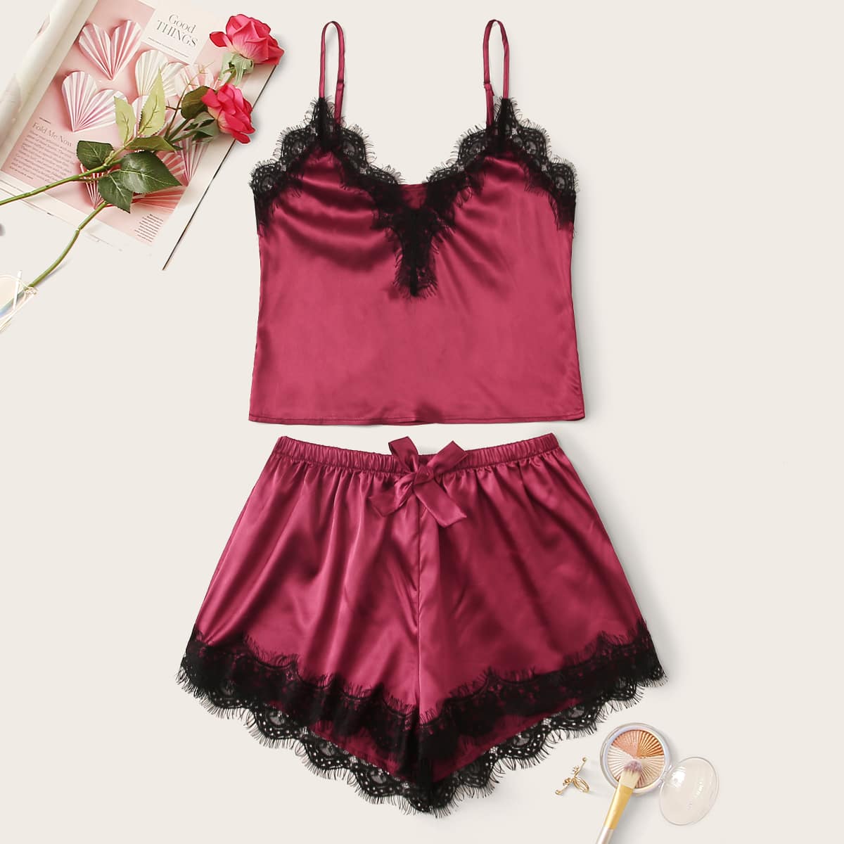

Lace Trim Satin PJ Set, Burgundy