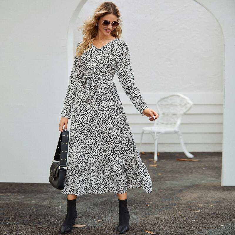 

Dalmatian Print V-Neck Belted Dress, Black and white
