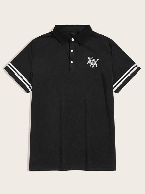 

Men Varsity Striped Graphic Polo Shirt, Black