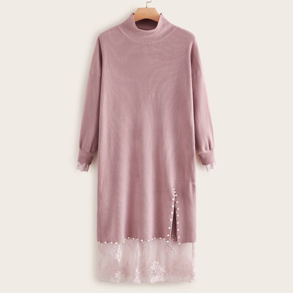 

Plus Pearls Contrast Lace Ribbed Knit Sweater Dress, Pink