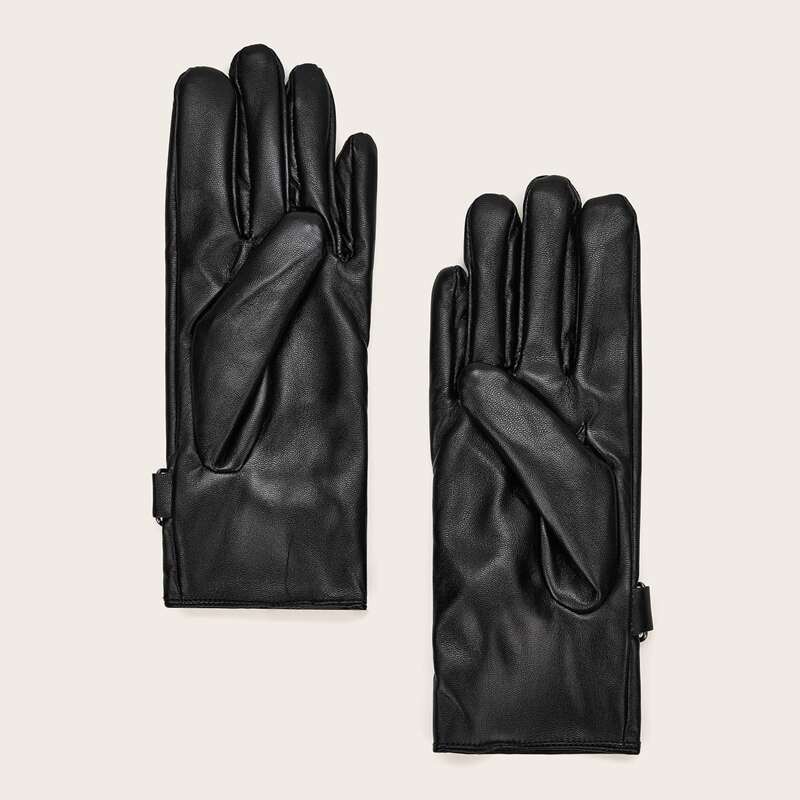

1pair Solid Button Decor PU Gloves, Black