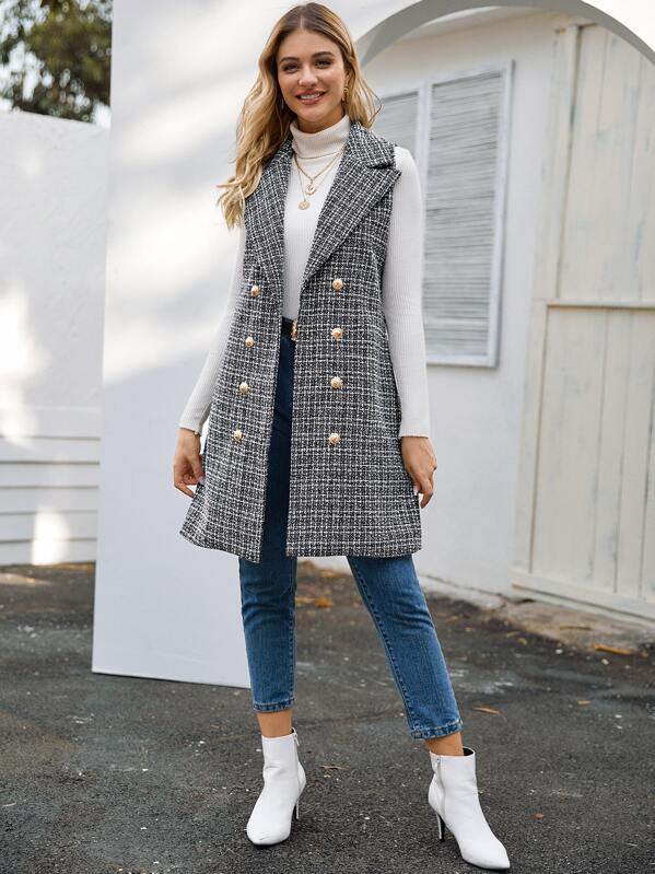 

Double Breasted Tweed Vest Coat, Black and white, Nathane