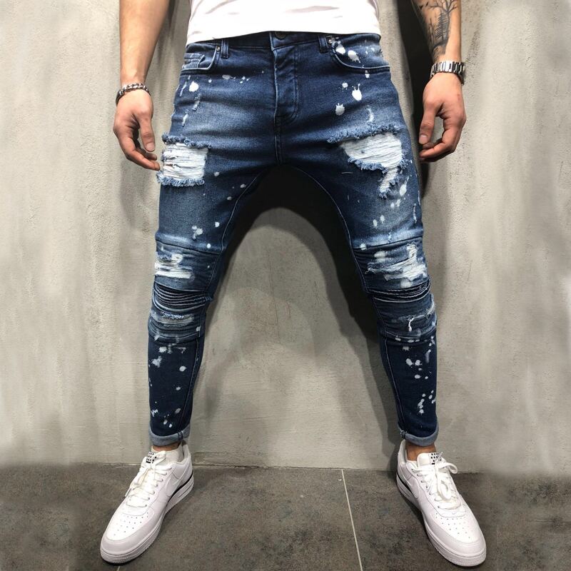 

Guys Ink Point Print Ripped Moto Jeans, Navy