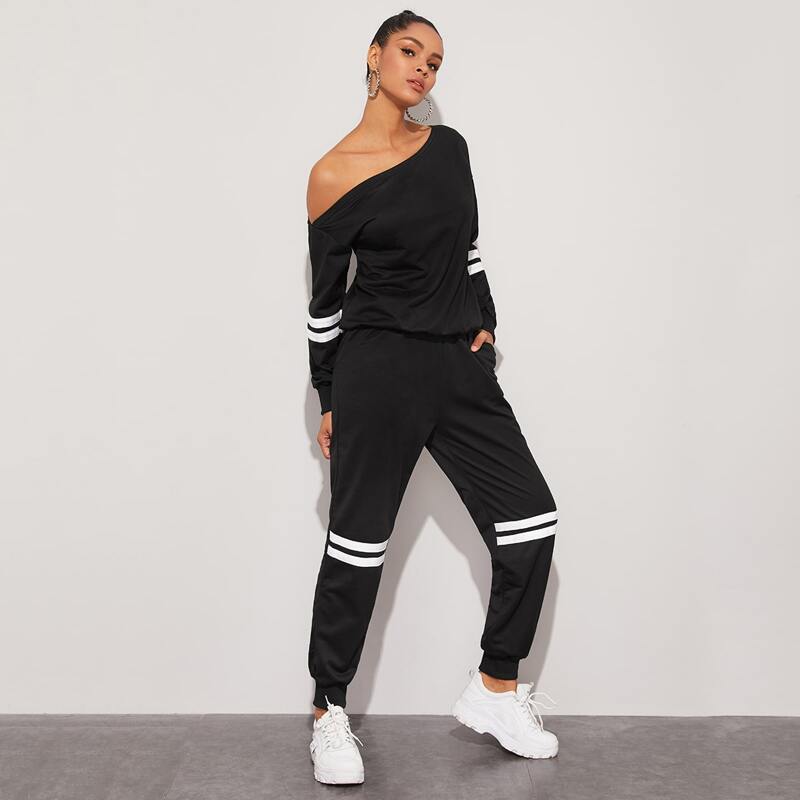 

Contrast Tape Asymmetrical Neck Sweatshirt & Sweatpants, Black