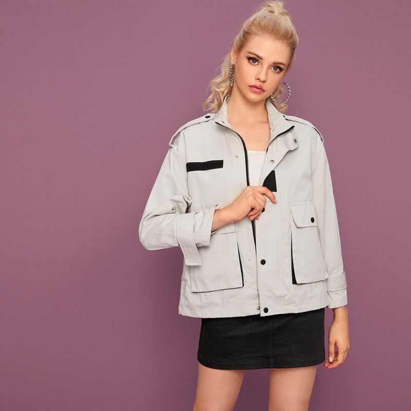 

Flap Pocket Front Zip-up Utility Jacket, Grey