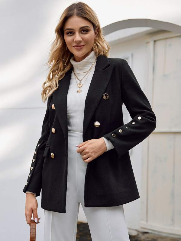 

Double Breasted Solid Tweed Coat, Black, Nathane