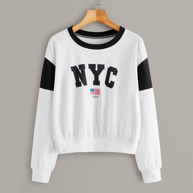 

Flag & Letter Graphic Crew Neck Sweatshirt, White