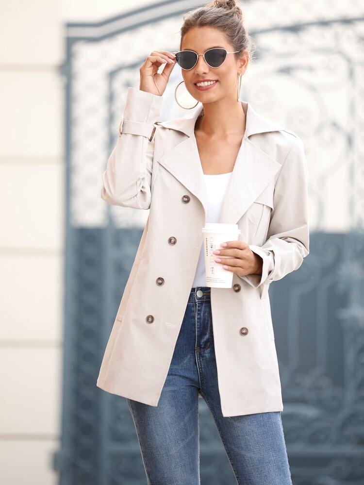 Solid Double Breasted Belted Trench Coat