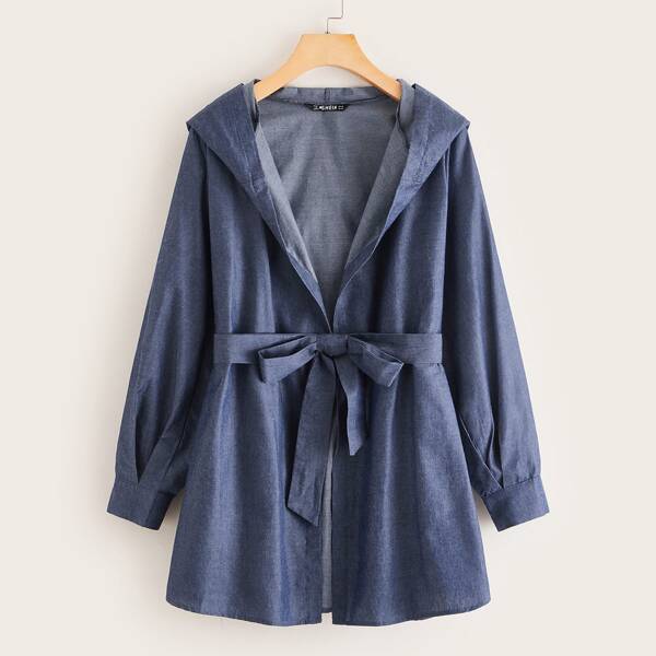 

Lantern Sleeve Belted Hoodie Coat, Blue