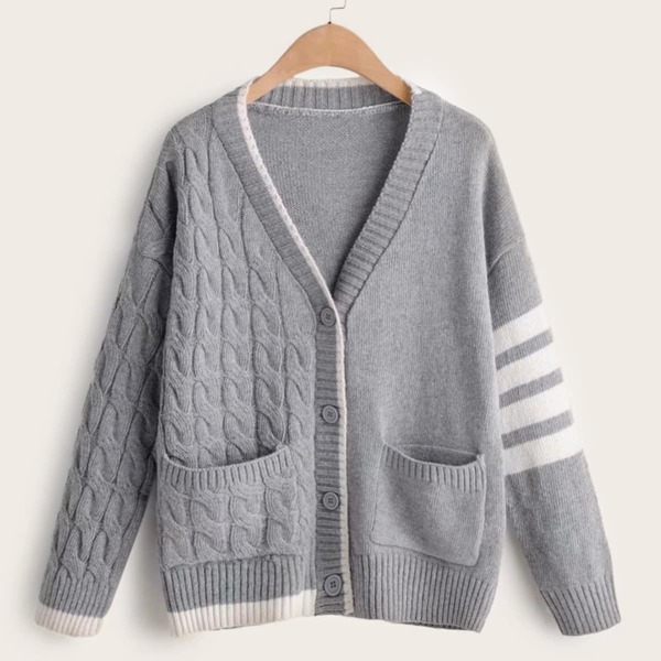 

Striped Cable Knit Button Up Cardigan, Grey