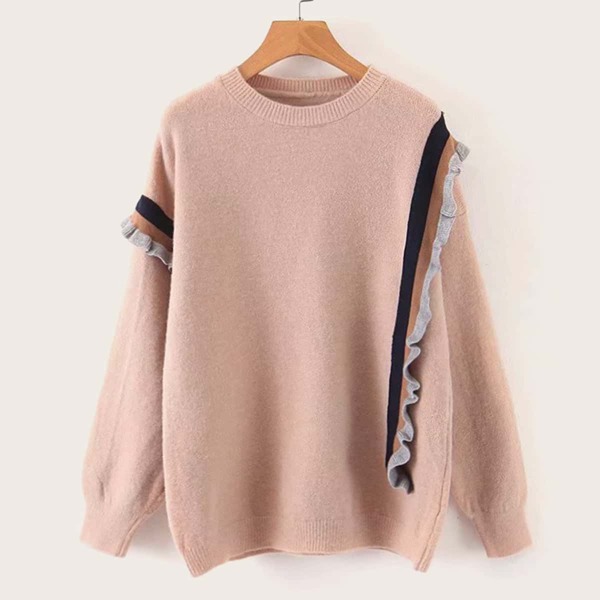 

Frill Trim Drop Shoulder Sweater, Pink