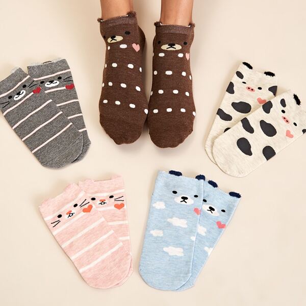 

5pairs Men Striped & Cartoon Pattern Socks, Multicolor