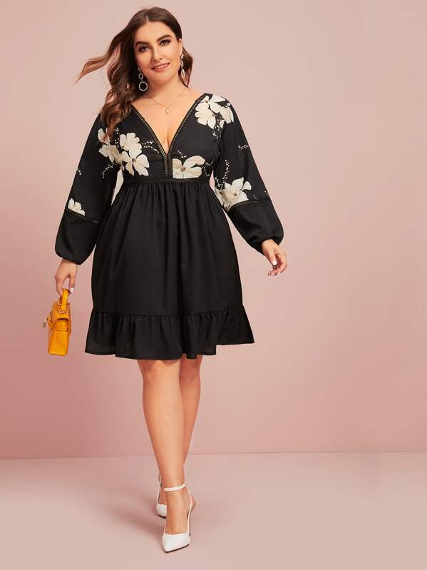

Plus Deep V-neck Floral Print A-line Dress, Black, Franziska