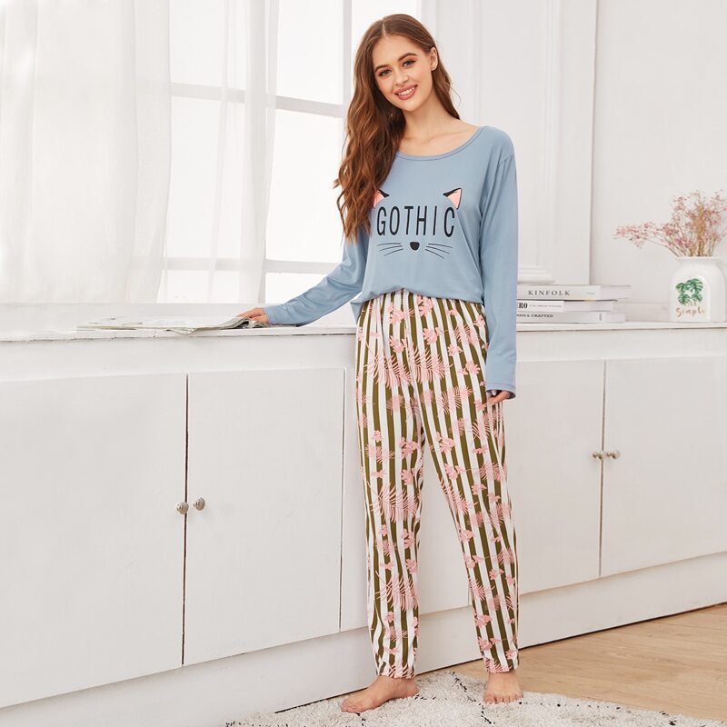 

Letter & Cat Print PJ Set, Multicolor