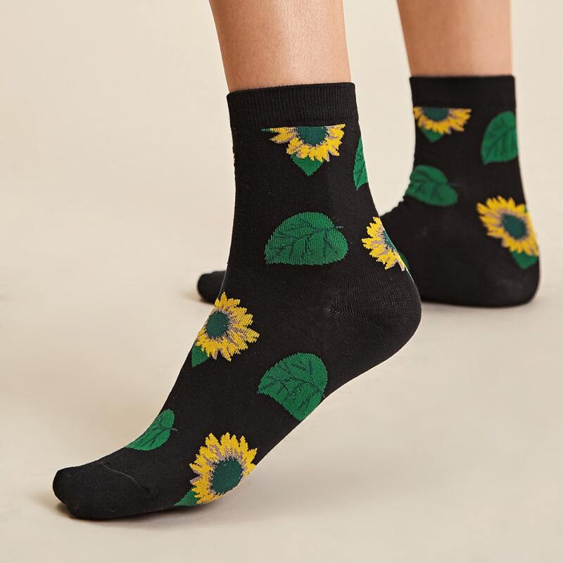 

1pair Sunflower Pattern Socks, Multicolor