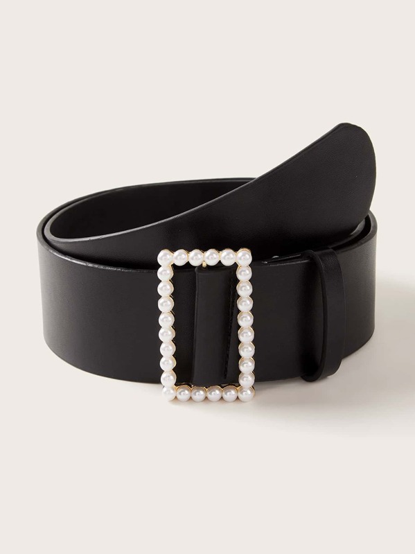 

Faux Pearl Beaded Rectangle Buckle Belt, Black