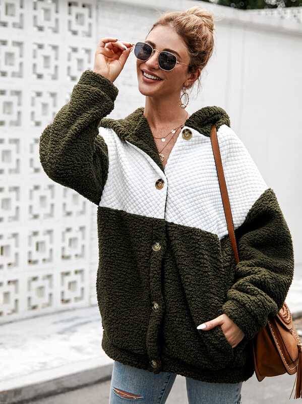 

Two Tone Button Front Hooded Teddy Jacket, Multicolor, Nathane