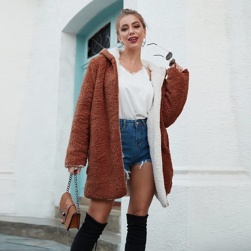 

Solid Open Front Hooded Teddy Coat, Brown