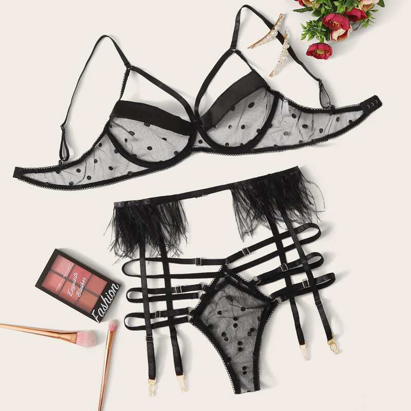 

Polka Dot Underwire Lingerie Set With Garter, Black