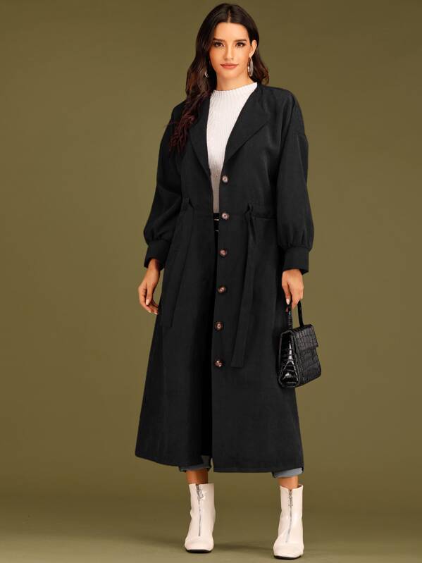 

Single Breasted Drawstring Waist Coat, Black, Juliana
