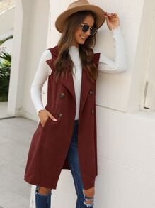 SHEIN Essnce 雙排扣側口袋背心外套 - 酒紅色 - 查看 6