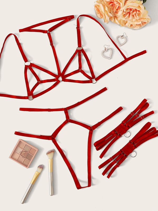 

Ring Linked Lingerie Set With Leg Ring, Red