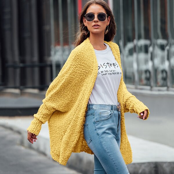 

Open Front Double Pocket Boucle Knit Cardigan, Yellow