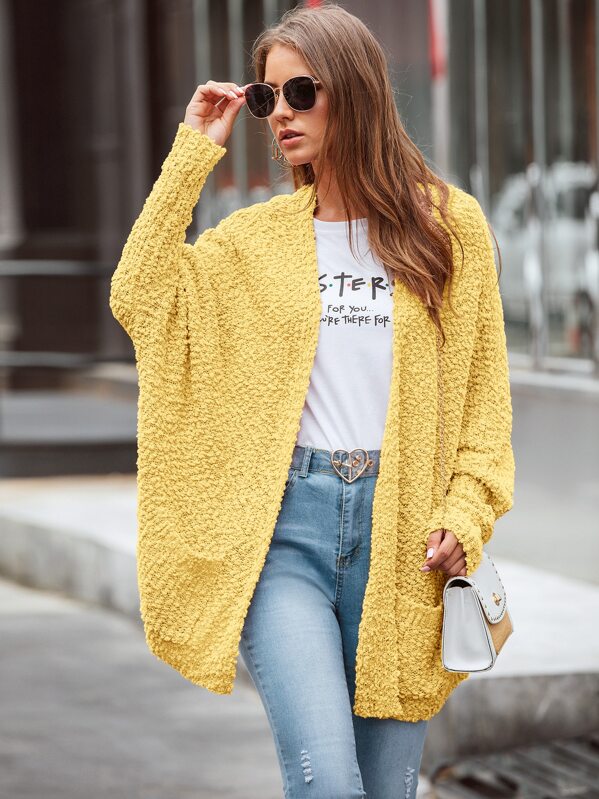 

Open Front Double Pocket Boucle Knit Cardigan, Yellow, Debi Cruz