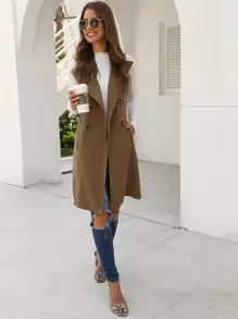 EMERY ROSE Double Breasted Pocket Side Vest Coat - Khaki - View 3