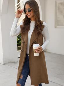 EMERY ROSE Double Breasted Pocket Side Vest Coat - Khaki - View 4