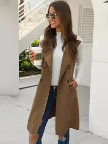 EMERY ROSE Double Breasted Pocket Side Vest Coat - Khaki - View 5