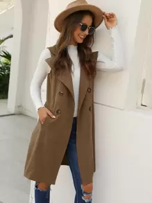 EMERY ROSE Double Breasted Pocket Side Vest Coat - Khaki - View 6