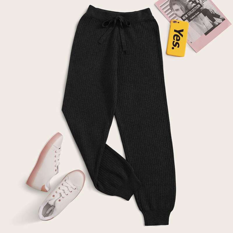 

Drawstring Waist Ribbed Knit Sweater Pants, Black