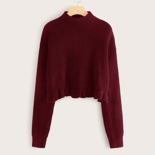 

Ruffle Hem Drop Shoulder Sweater, Burgundy