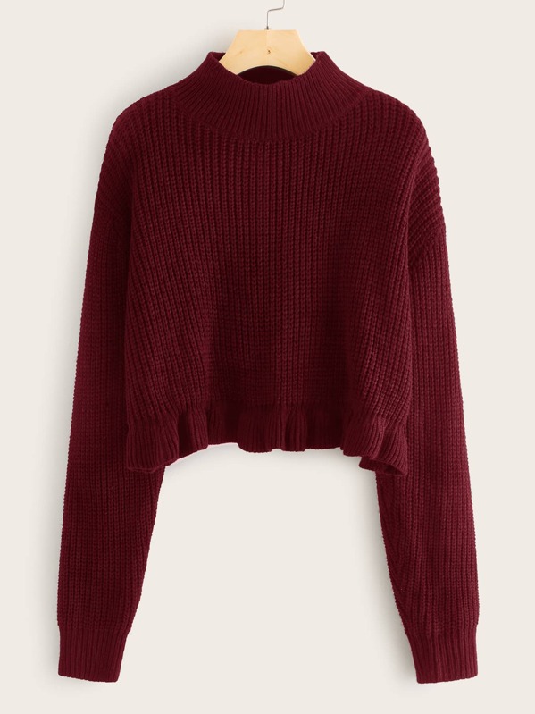 

Ruffle Hem Drop Shoulder Sweater, Burgundy