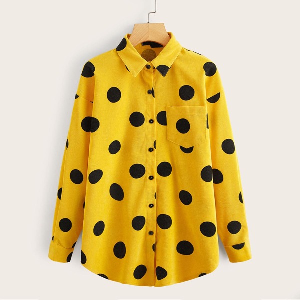

Polka Dot Print Pocket Front Longline Shirt, Yellow bright