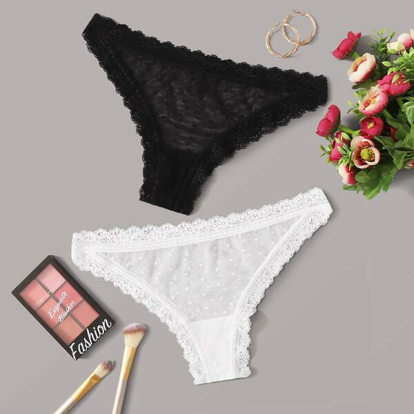 

2pack Contrast Lace Mesh Panty Set, Black and white