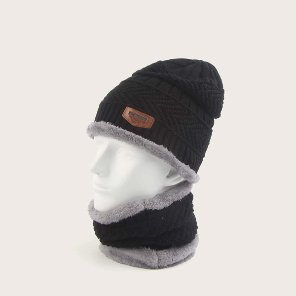 

2pcs Men Letter Patched Scarf Knit Beanie & Ring Scarf, Black