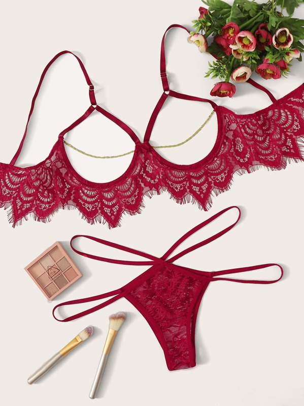 

Floral Lace Underwire Lingerie Set, Red