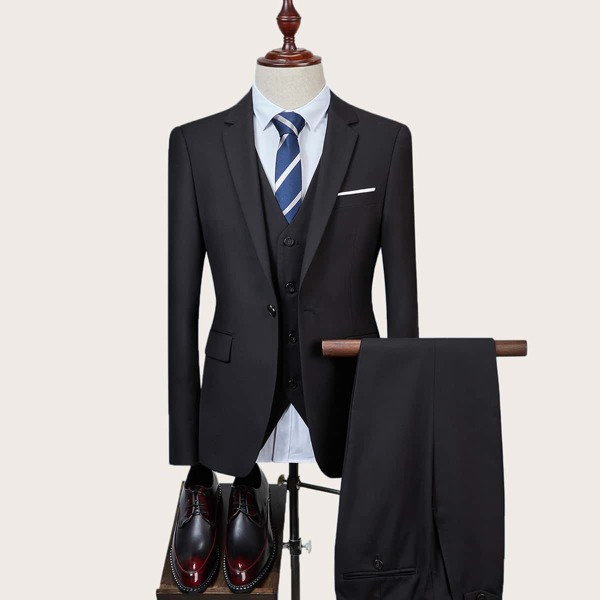 

Men Single Button Blazer & Waistcoat & Dress Pants, Black