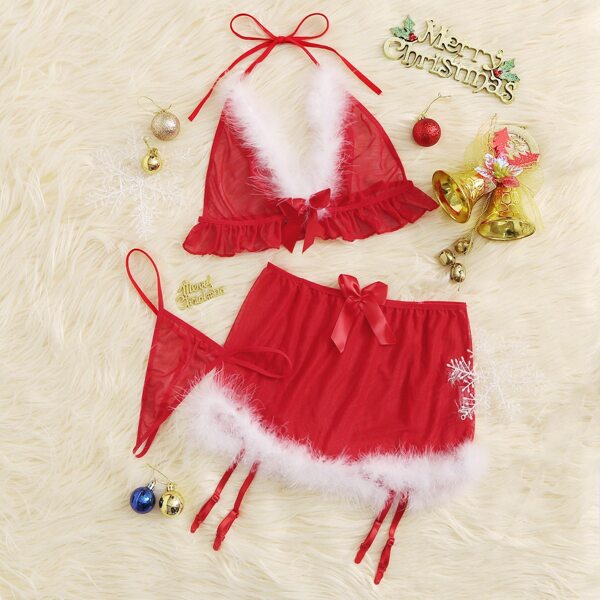 

Faux Fur Halter Lingerie Set With Skirt, Red