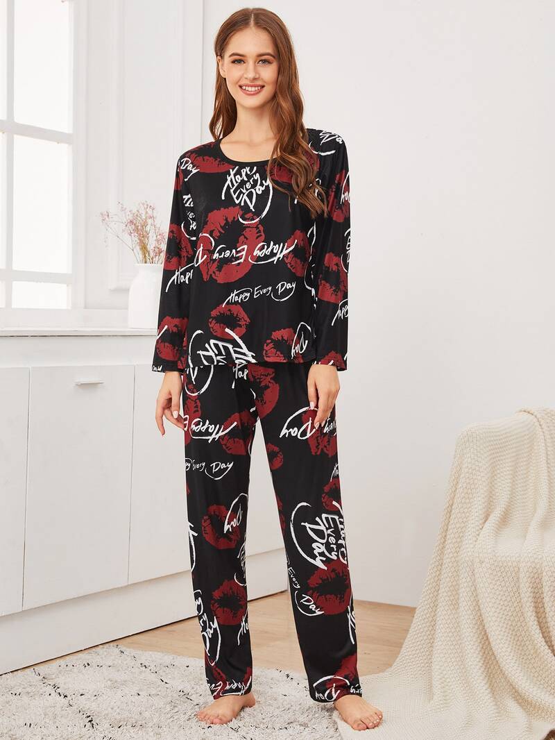 Conjunto De Pijama Con Estampado De Letra Y Labios Romwe romwe