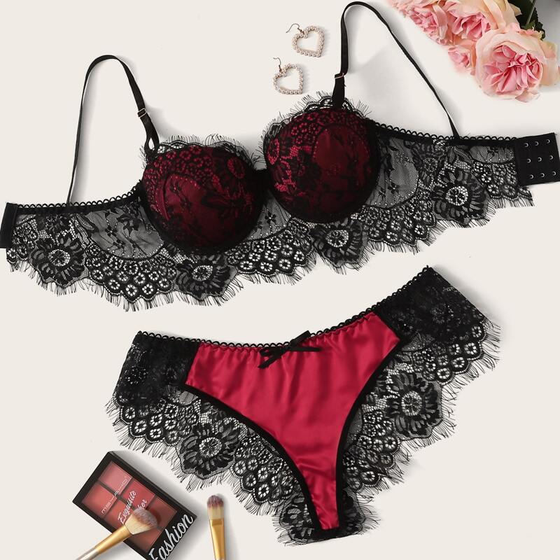 

Floral Lace Underwire Lingerie Set, Multicolor