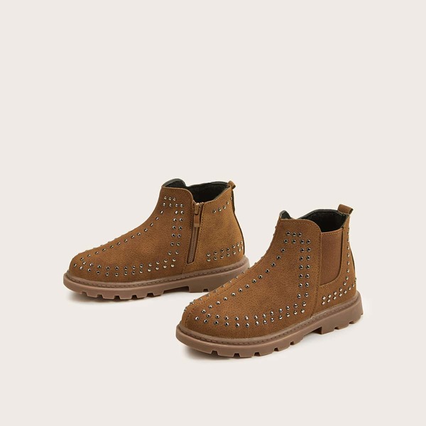 

Girls Studded Decor Side Zip Boots, Brown
