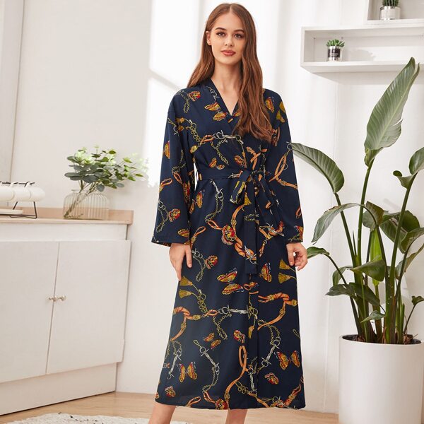 

Chain & Butterfly Print Robe, Navy