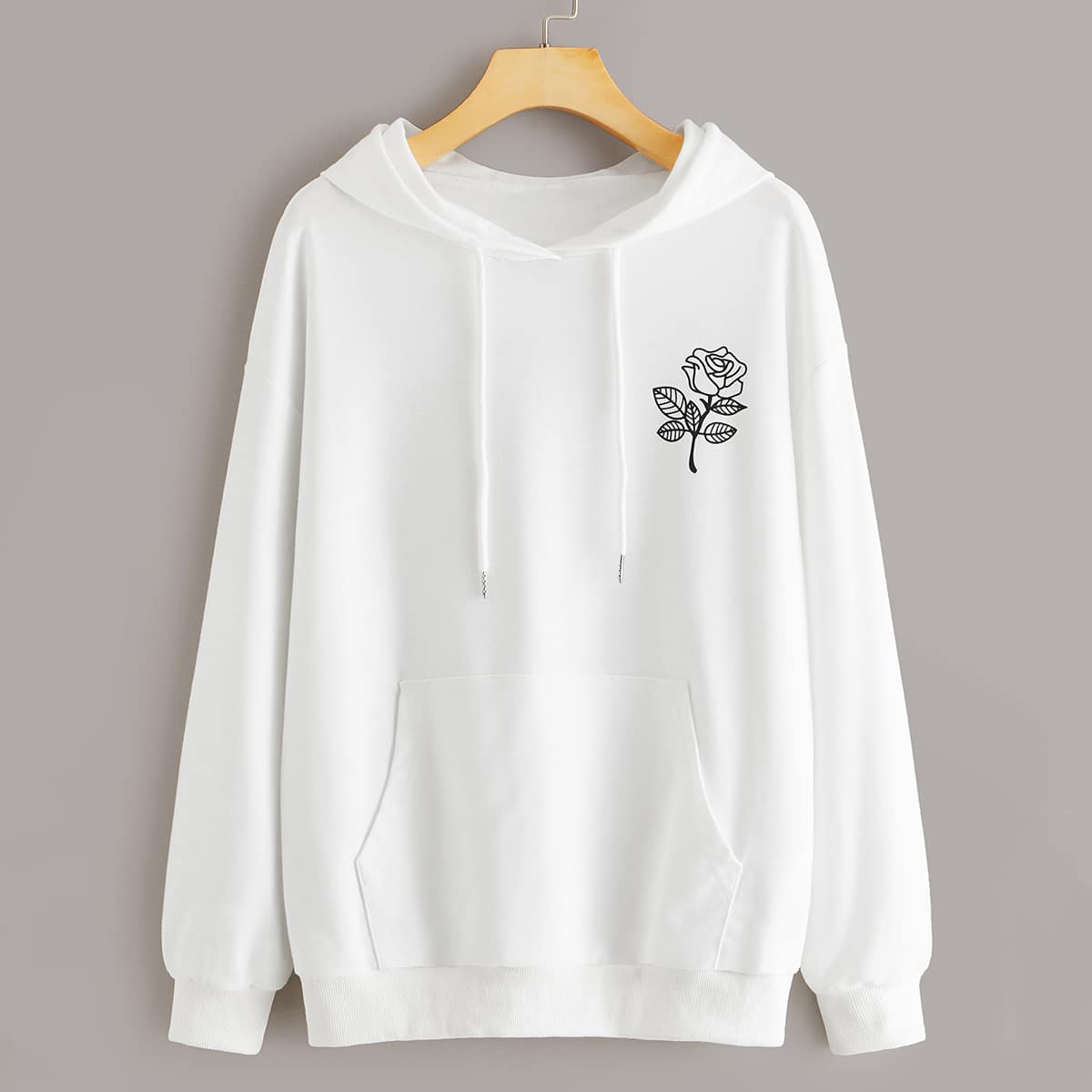 

Drawstring Detail Pocket Front Flower Print Hoodie, White
