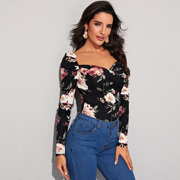 

Floral Print Sweetheart Neck Slim Top, Black